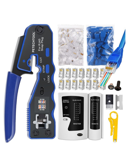 Kit Crimpadora RJ45 Pasante PETECHTOOL con 50 Conectores Cat6