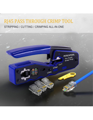 Kit Crimpadora RJ45 Pasante PETECHTOOL con 50 Conectores Cat6