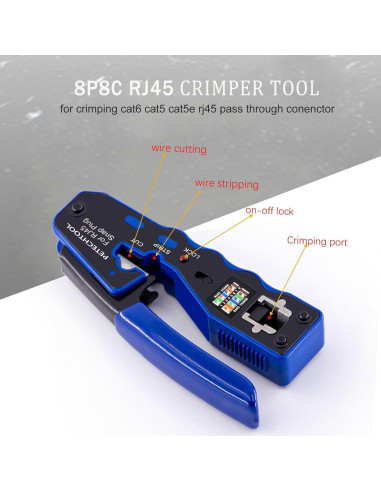 Kit Crimpadora RJ45 Pasante PETECHTOOL con 50 Conectores Cat6