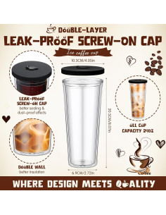 Honeydak 2 Vasos Reutilizables 24 oz para Café Helado con Pajillas 2
