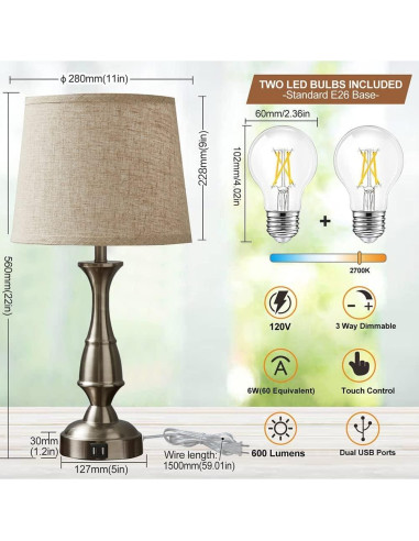 Lámparas de Mesa RAYINIGHT con 2 Puertos USB y Control Táctil