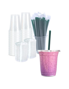 Vasos de Plástico Transparentes 12 oz Cappatua - 50 Piezas con Tapas y Popotes