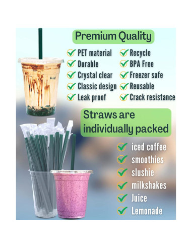 Vasos de Plástico Transparentes 12 oz Cappatua - 50 Piezas con Tapas y Popotes