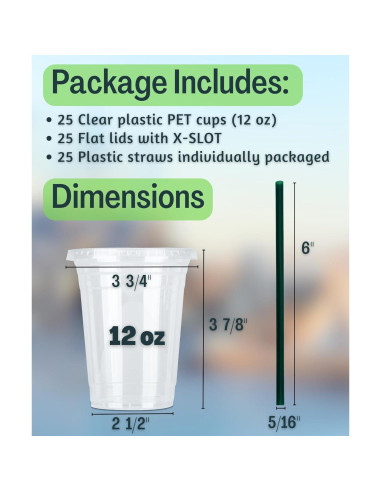 Vasos de Plástico Transparentes 12 oz Cappatua - 50 Piezas con Tapas y Popotes