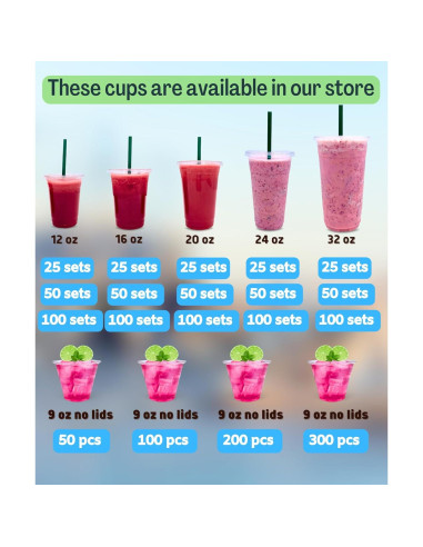 Vasos de Plástico Transparentes 12 oz Cappatua - 50 Piezas con Tapas y Popotes