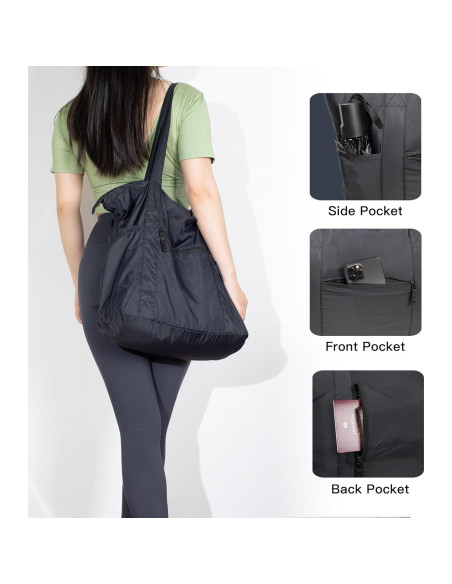 Bolsa Tote Plegable de Nailon 25L Negra - Ligera y Compacta