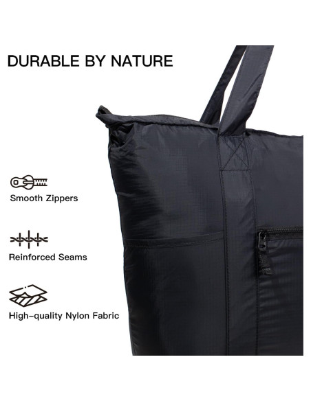 Bolsa Tote Plegable de Nailon 25L Negra - Ligera y Compacta