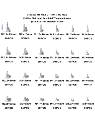 Kit de Tornillos Autoperforantes HVAZI 1200PCS M1 a M2.2