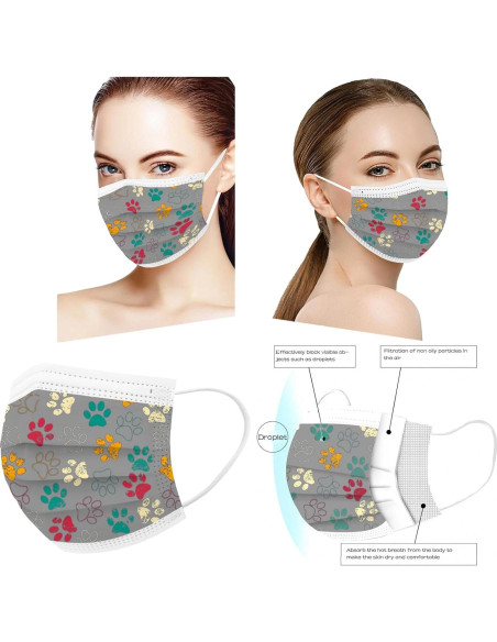 50 Mascarillas Desechables 3 Capas Huella de Patas Adultos