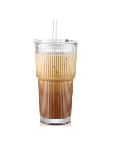 Taza de vidrio 590 ml CWHHRN con tapa y popote reutilizable