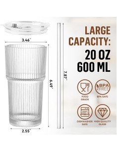 Taza de vidrio 590 ml CWHHRN con tapa y popote reutilizable 2