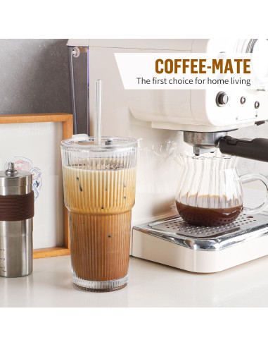 Taza de vidrio 590 ml CWHHRN con tapa y popote reutilizable