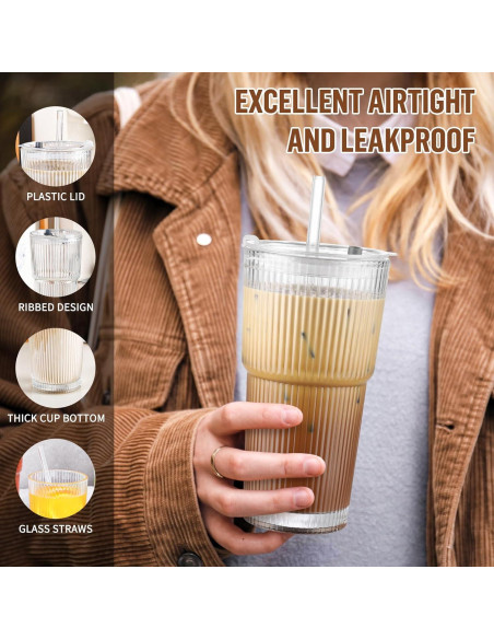 Taza de vidrio 590 ml CWHHRN con tapa y popote reutilizable