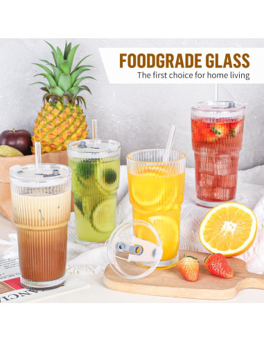 Taza de vidrio 590 ml CWHHRN con tapa y popote reutilizable