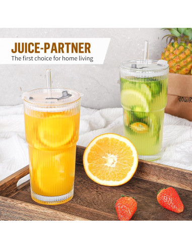 Taza de vidrio 590 ml CWHHRN con tapa y popote reutilizable