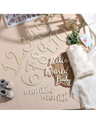 16 Tarjetas de Hitos Mensuales de Madera para Bebés