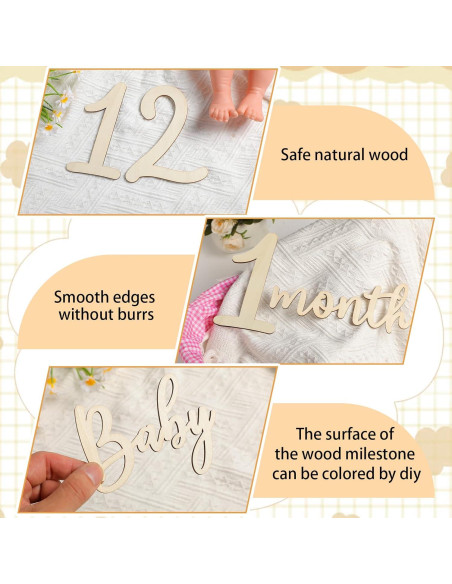 16 Tarjetas de Hitos Mensuales de Madera para Bebés
