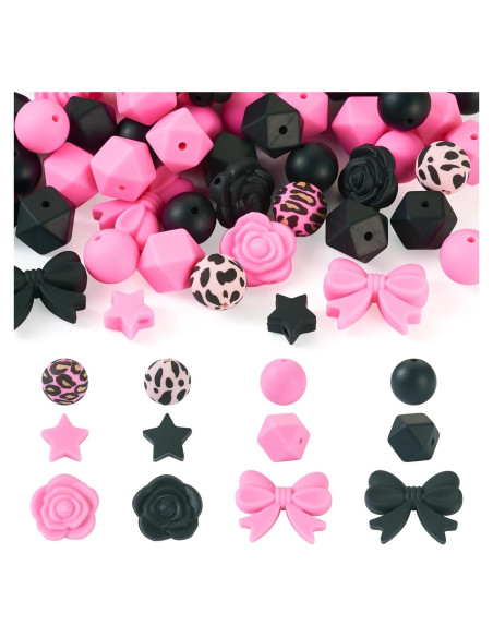 64 Perlas de Silicona Rosa y Negra Spritewelry para Joyería DIY