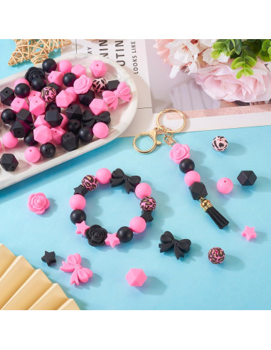 64 Perlas de Silicona Rosa y Negra Spritewelry para Joyería DIY