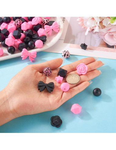 64 Perlas de Silicona Rosa y Negra Spritewelry para Joyería DIY