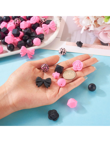 64 Perlas de Silicona Rosa y Negra Spritewelry para Joyería DIY