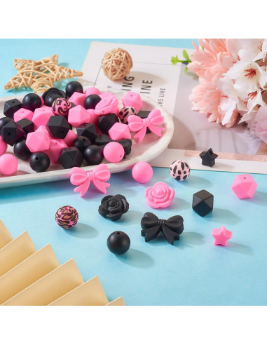 64 Perlas de Silicona Rosa y Negra Spritewelry para Joyería DIY