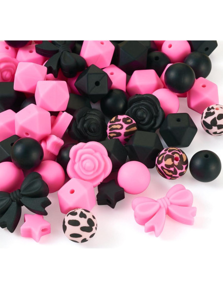64 Perlas de Silicona Rosa y Negra Spritewelry para Joyería DIY
