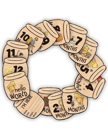 Tarjetas de Hito Mensual de Madera Oso - 12 Carteles Doble Cara