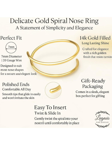 Aro de Nariz Espiral Dorado 14k Hipoalergénico 7mm