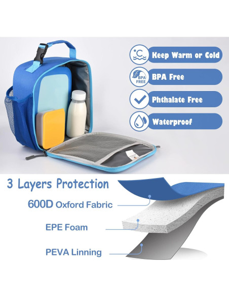 Bolsa de Almuerzo Aislada CaCTOUR para Niños 2 Piezas Azul y Negro