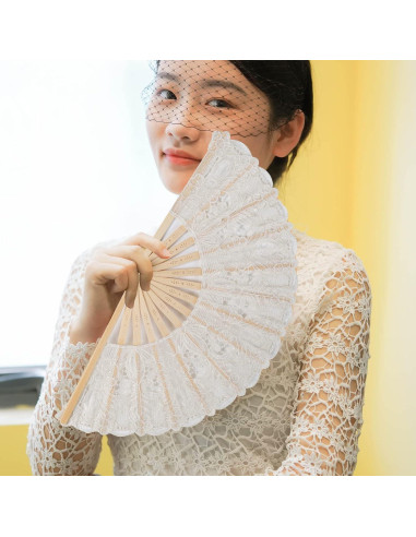 Abanico de Encaje Plegable Choyaxo Beige 43x23cm para Bodas