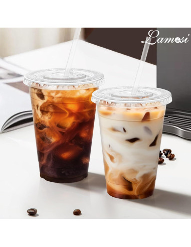 Lamosi 100 Vasos de Plástico Claro 480 ml con Tapas y Pajitas
