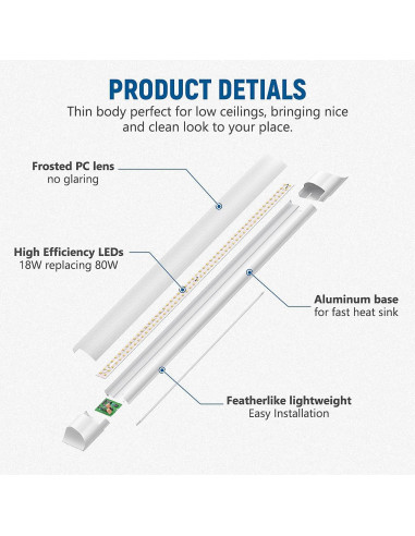 DAKASON Luz de Techo LED 2FT 18W 2160lm Temperatura Ajustable