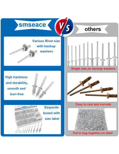 Kit de Remaches de Acero Inoxidable 600 Pcs smseace 9 Tamaños
