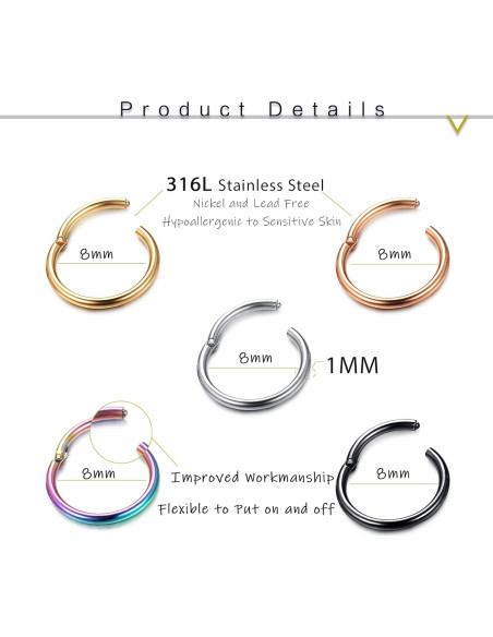 10 Aros de Septum Besteel Acero Quirúrgico 316L 8/10/12MM