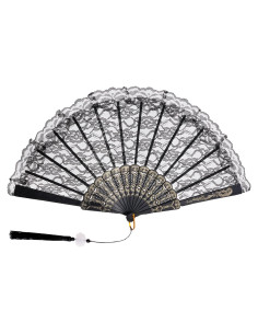 Abanico de Mano Plegable Jmkcoz Negro Floral 42 cm