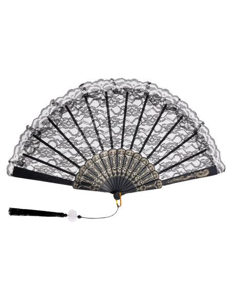 Abanico de Mano Plegable Jmkcoz Negro Floral 42 cm