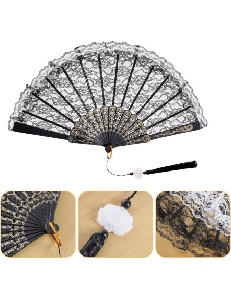 Abanico de Mano Plegable Jmkcoz Negro Floral 42 cm
