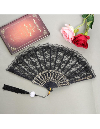 Abanico de Mano Plegable Jmkcoz Negro Floral 42 cm