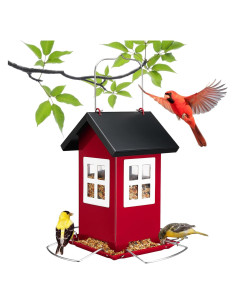 Comedero para Aves Veehoo Colgante de Metal 4 Puertos Rojo