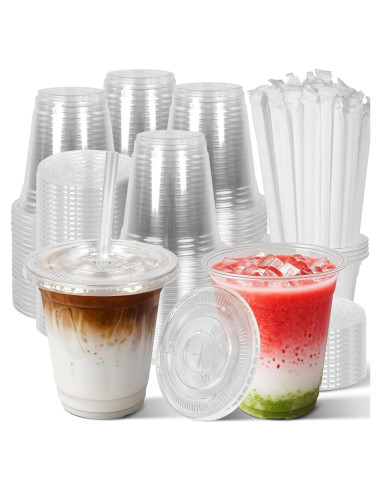 Charmount 50 Vasos de Plástico 12 oz Transparentes con Tapas y Pajitas