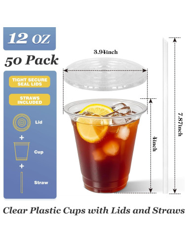 Charmount 50 Vasos de Plástico 12 oz Transparentes con Tapas y Pajitas