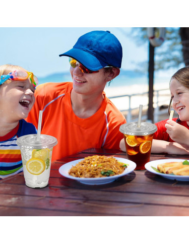 Charmount 50 Vasos de Plástico 12 oz Transparentes con Tapas y Pajitas