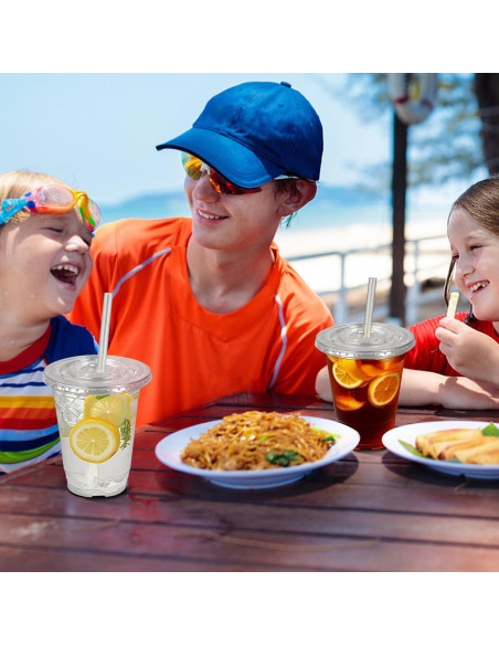 Charmount 50 Vasos de Plástico 12 oz Transparentes con Tapas y Pajitas