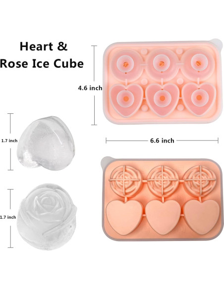 Molde de Hielo de Silicona IDVVSSX - 6 Bolas Corazón y Rosa