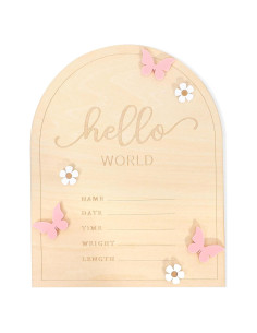 Cartel de Madera Hola Mundo para Bebés - Anuncio Nacimiento