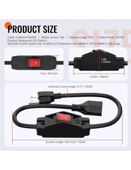Cable de Extensión 0.61 m Joinfworld con Interruptor Impermeable