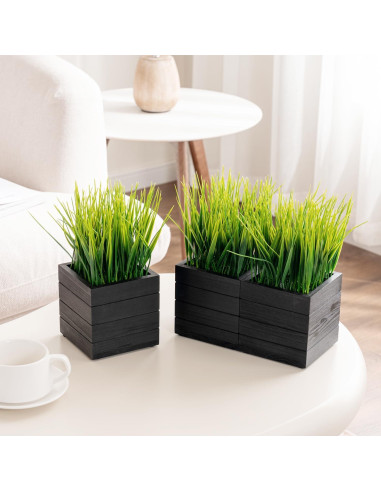 Juego de 3 Plantas de Césped Artificial MyGift en Cajas de Madera