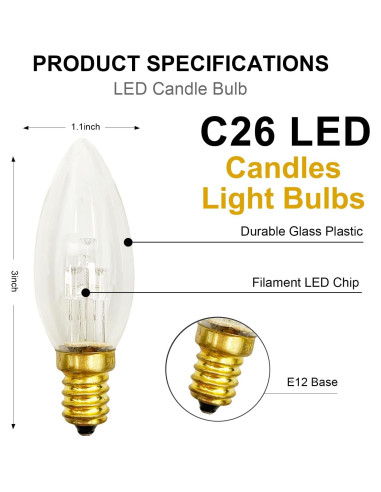 Paquete de 6 Bombillas LED C26 E12 3V Luz Blanca Cálida