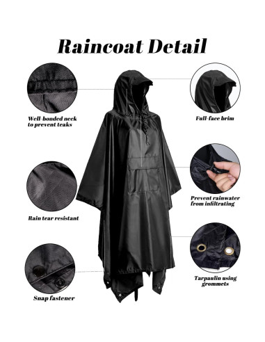 Poncho Impermeable Accevo Unisex Negro 140x210cm Ligero Reutilizable